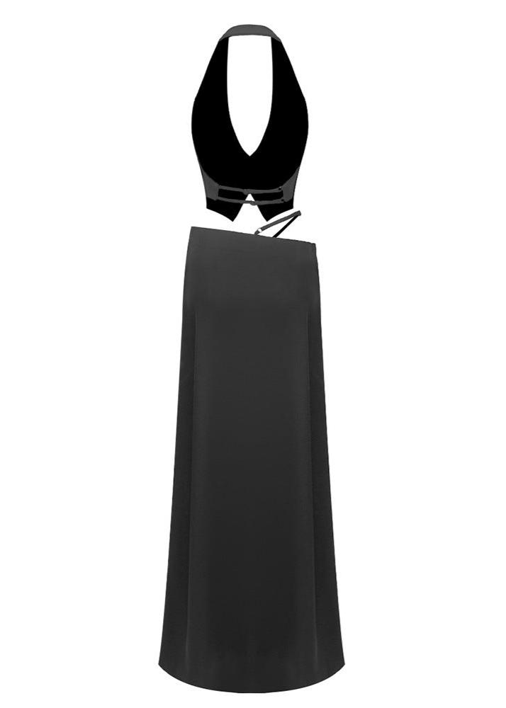 Susie Silk Crop Top Maxi Skirts 2 Pieces Sets In Black