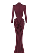 Gneissa Long Sleeve Cutout Draped Maxi Dress In Wine Red