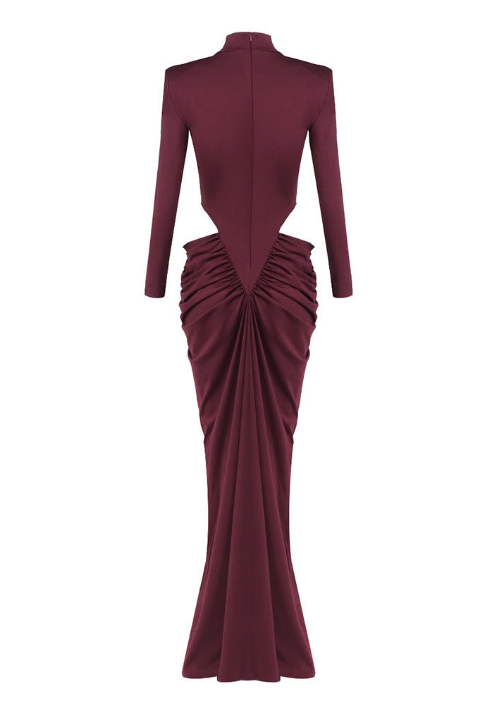 Gneissa Long Sleeve Cutout Draped Maxi Dress In Wine Red