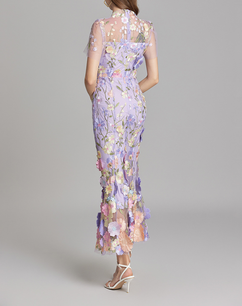 Chesley Floral Embroidery Mesh Fishtail Midi Dress