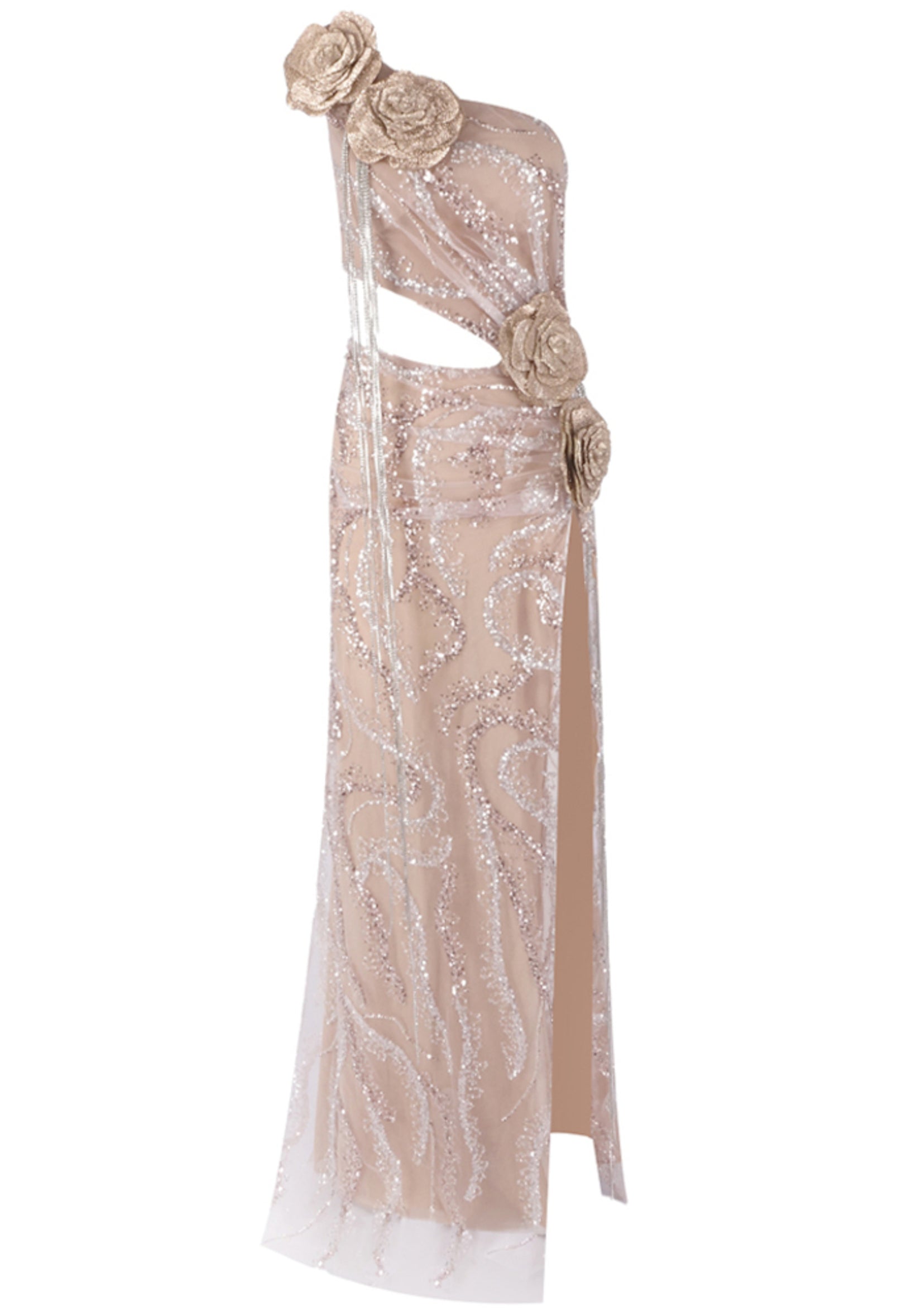 Jaqueen One Shoulder Floral Sequin Maxi Dress In Nude