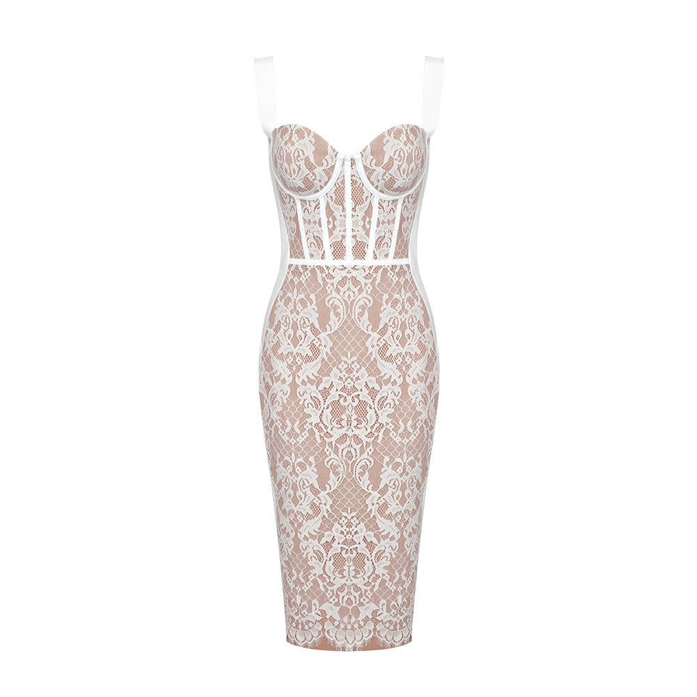 Shalise Lace Strap Midi Dress In White