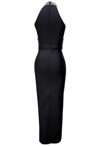 Zaryah Halter Crystal Mesh Maxi Dress In Black