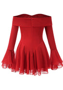 Jancis Long Sleeve Bardot A Line Dress In Red