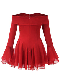Jancis Long Sleeve Bardot A Line Dress In Red