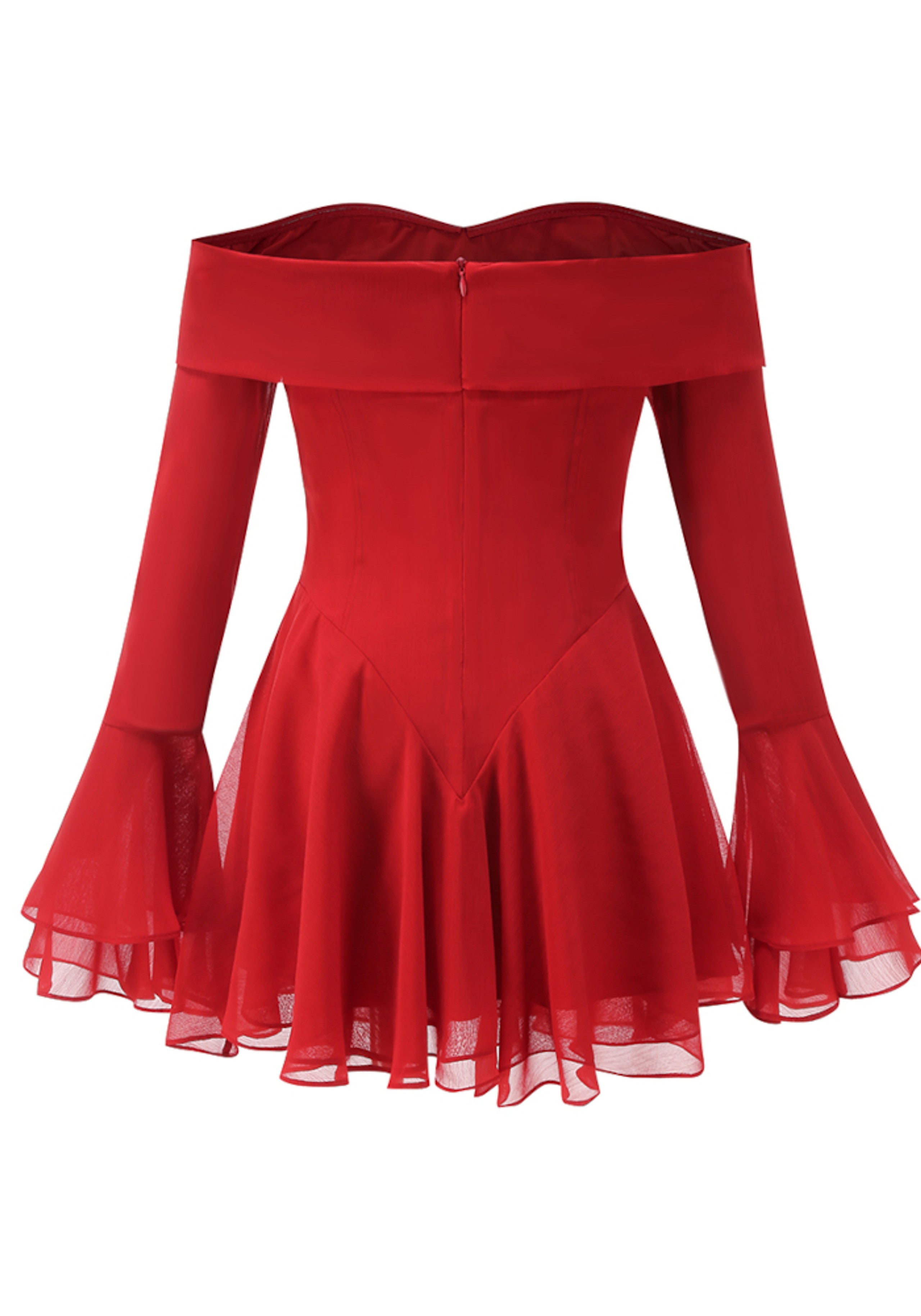 Jancis Long Sleeve Bardot A Line Dress In Red