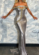 Othmar Embellished Bardot Sequin Maxi Dress In Platinum