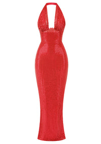 Barron Halter Sequin Embellished Gown In Red