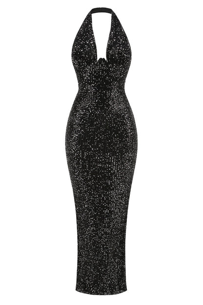 Barron Halter Sequin Embellished Gown In Black