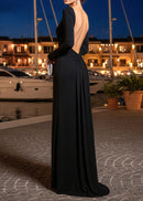 Meghyn Long Sleeve Draped Backless Maxi Dress In Black