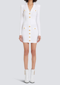 Sable White Short Knitted Mini Dress With Gold Buttons