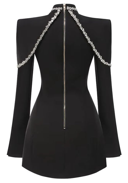 Dallan Long Sleeve Crystal Trim Embellished Dress In Black