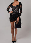 Roshon Long Sleeve Lace Corset Draped Mini Dress In Black