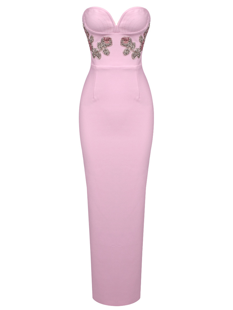 Larissa Floral Embroidery Strapless Maxi Dress In Pink