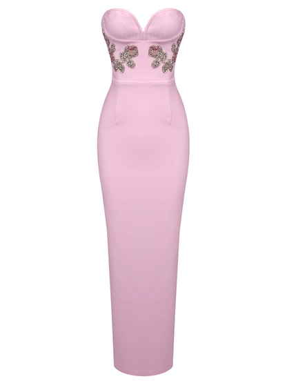 Larissa Floral Embroidery Strapless Maxi Dress In Pink