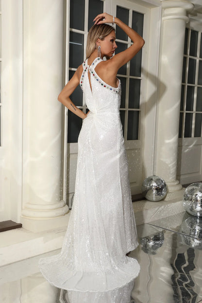 Yvaine Crystal Embellished Sequin Maxi Dress In White