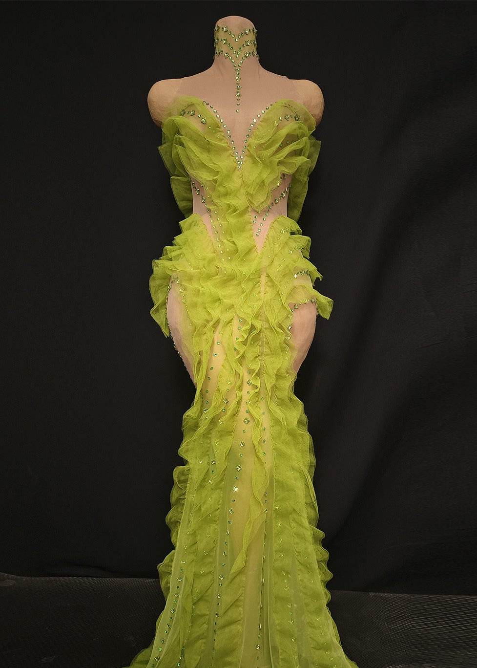 Elvynx High Neck Rhinestone Ruffle Maxi Dress