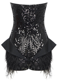 Colter Strapless Sequin Feather Bodysuit In Black