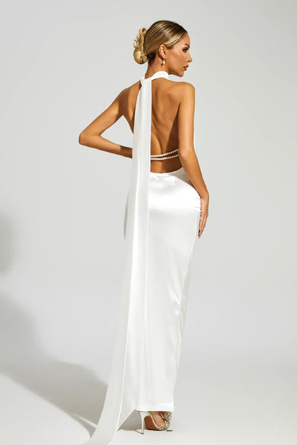 Halcyon Satin Belt Backless Pearl Embellished Maxi Dress In White