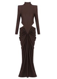Gneissa Long Sleeve Cutout Draped Maxi Dress In Brown