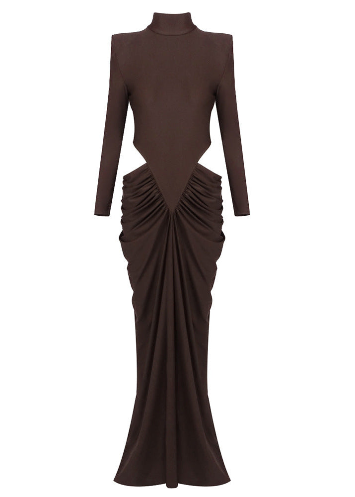 Gneissa Long Sleeve Cutout Draped Maxi Dress In Brown