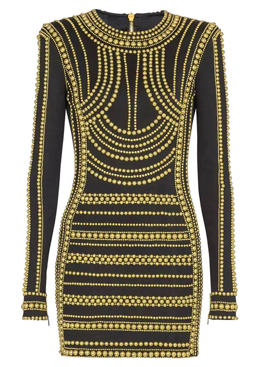 Lindsay Long Sleeve Studded Mini Dress In Black