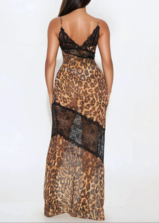 Lazaro Spaghetti Lace Leopard Maxi Dress