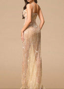 Palti Halter Sequin Bustier Maxi Dress In Gold