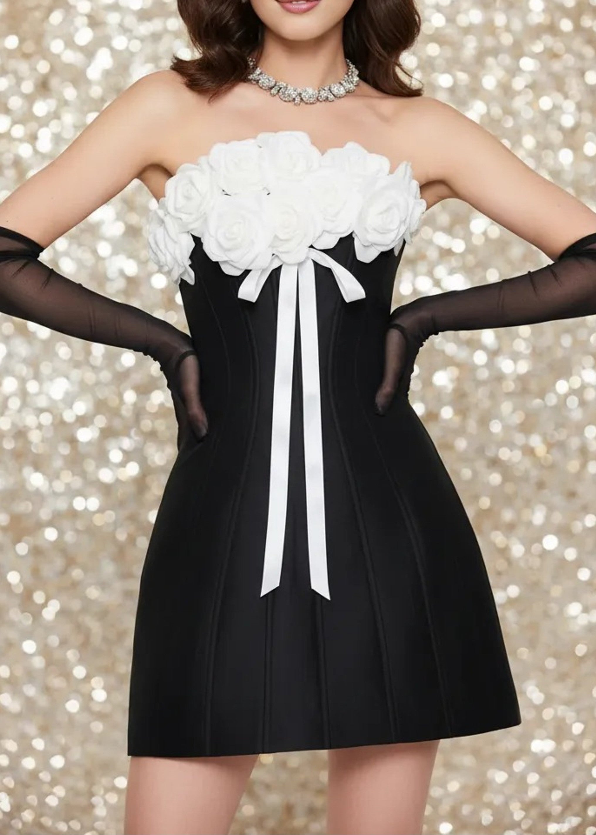 Agnieszka Strapless Floral Corset A Line Mini Dress In Black