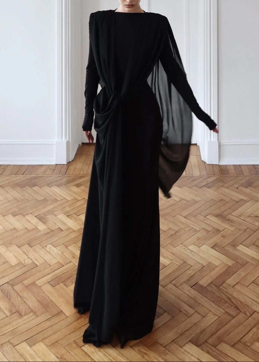Drynthos Long Sleeve Draped Design Maxi Dress In Black