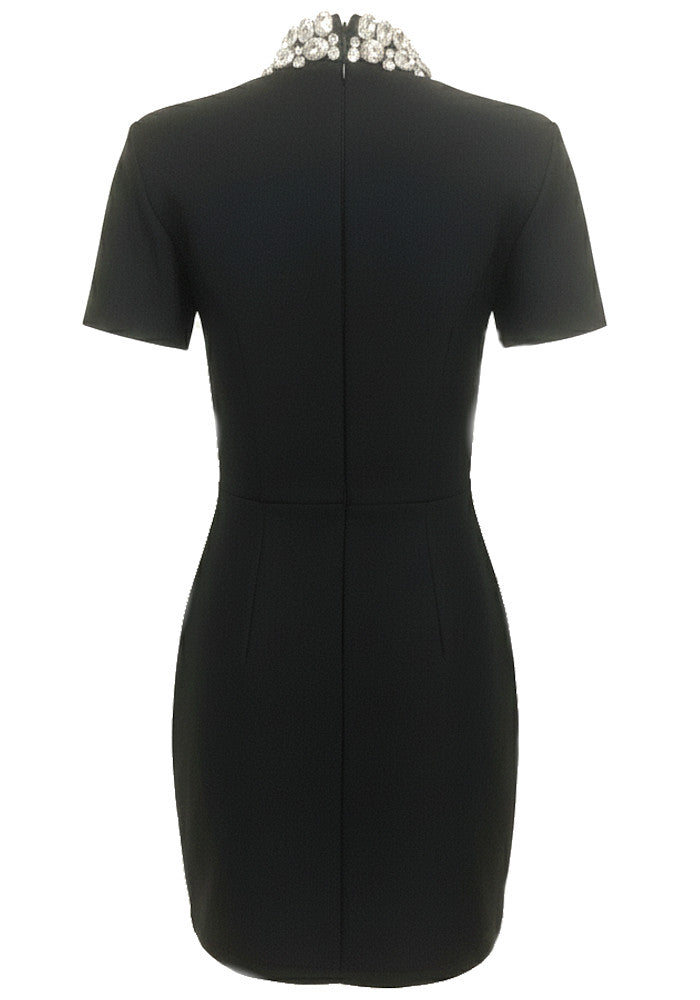Kaleen Short Sleeve Crystal Neck Mini Dress In Black