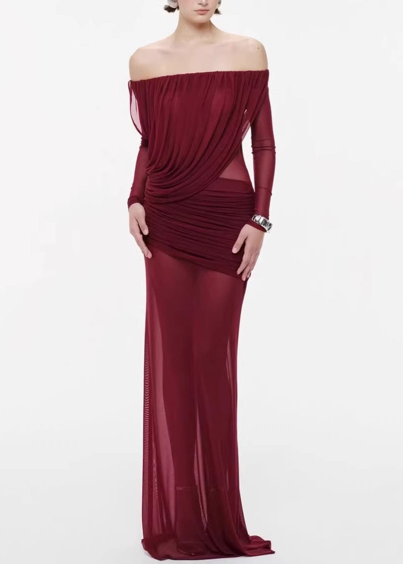 Cryxel Off-Shoulder Draped Mesh Maxi Dress In Wine Red