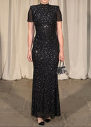 Maelthas Short Sleeve Crystal Mesh Maxi Dress In Black