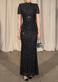 Maelthas Short Sleeve Crystal Mesh Maxi Dress In Black