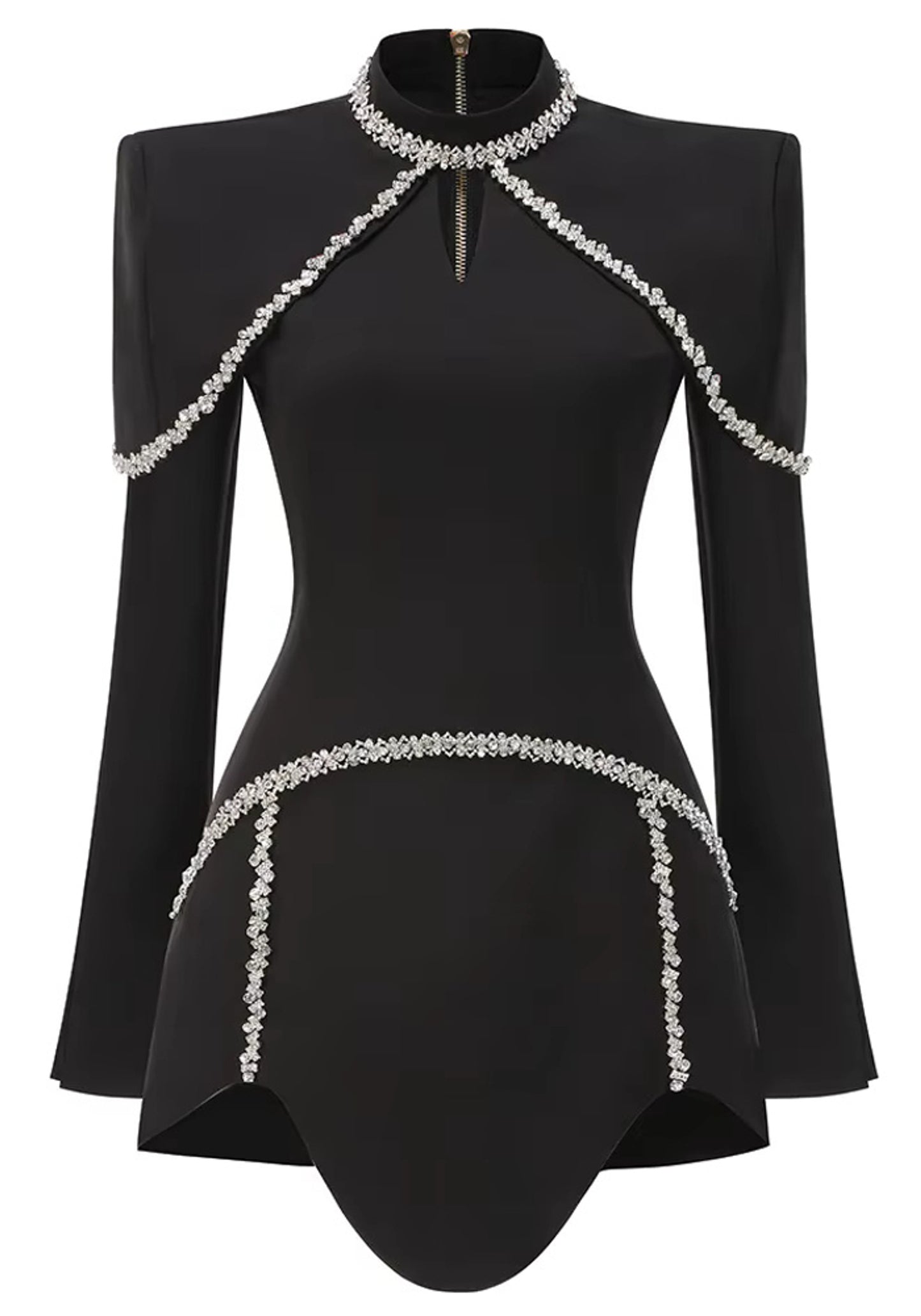 Dallan Long Sleeve Crystal Trim Embellished Dress In Black