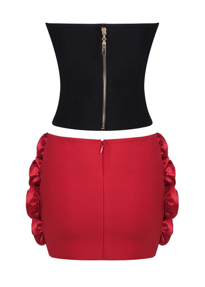 Choncey Strapless Floral Two Piece Corset Dress In Black Red