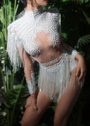 Paniz Rhinestone Fringe Bodysuit In Silver