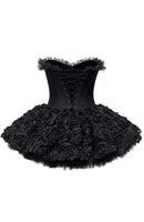 Lizzie Strapless Petal Floral Corset A Line Mini Dress In Black