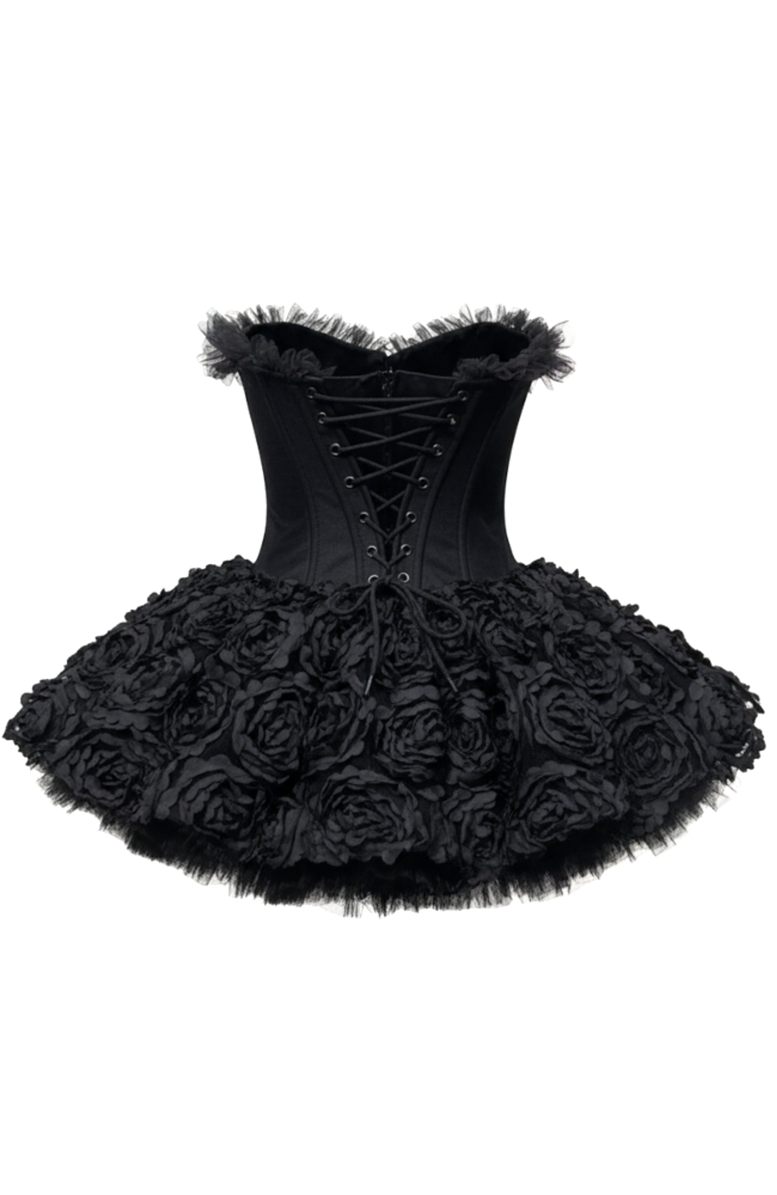 Lizzie Strapless Petal Floral Corset A Line Mini Dress In Black