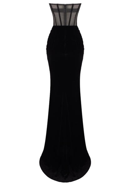 Ceslee Strapless Crystal Corset Maxi Velvet Dress In Black