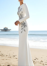 Romaine Long Sleeve Embellished Floral Detail Maxi Dress In White