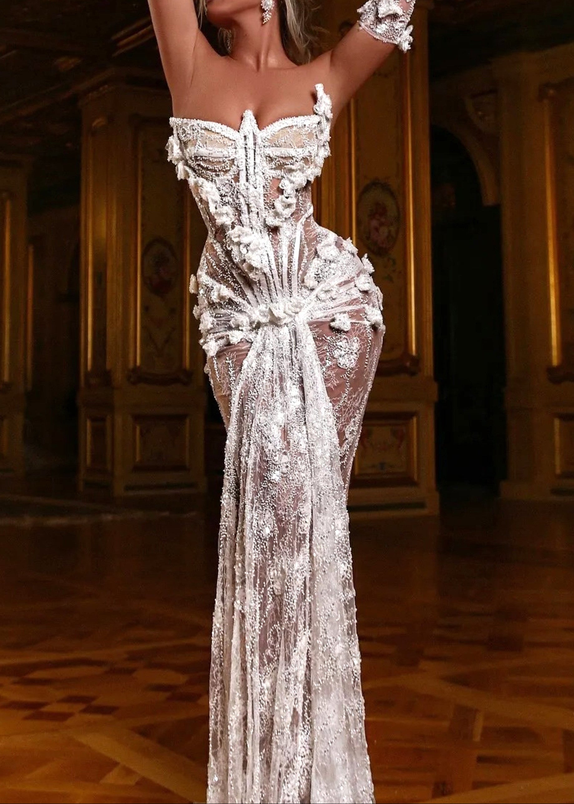 Kexar Strapless Pearl Sequin Lace Corset Maxi Dress In White