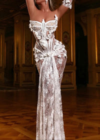 Kexar Strapless Pearl Sequin Lace Corset Maxi Dress In White