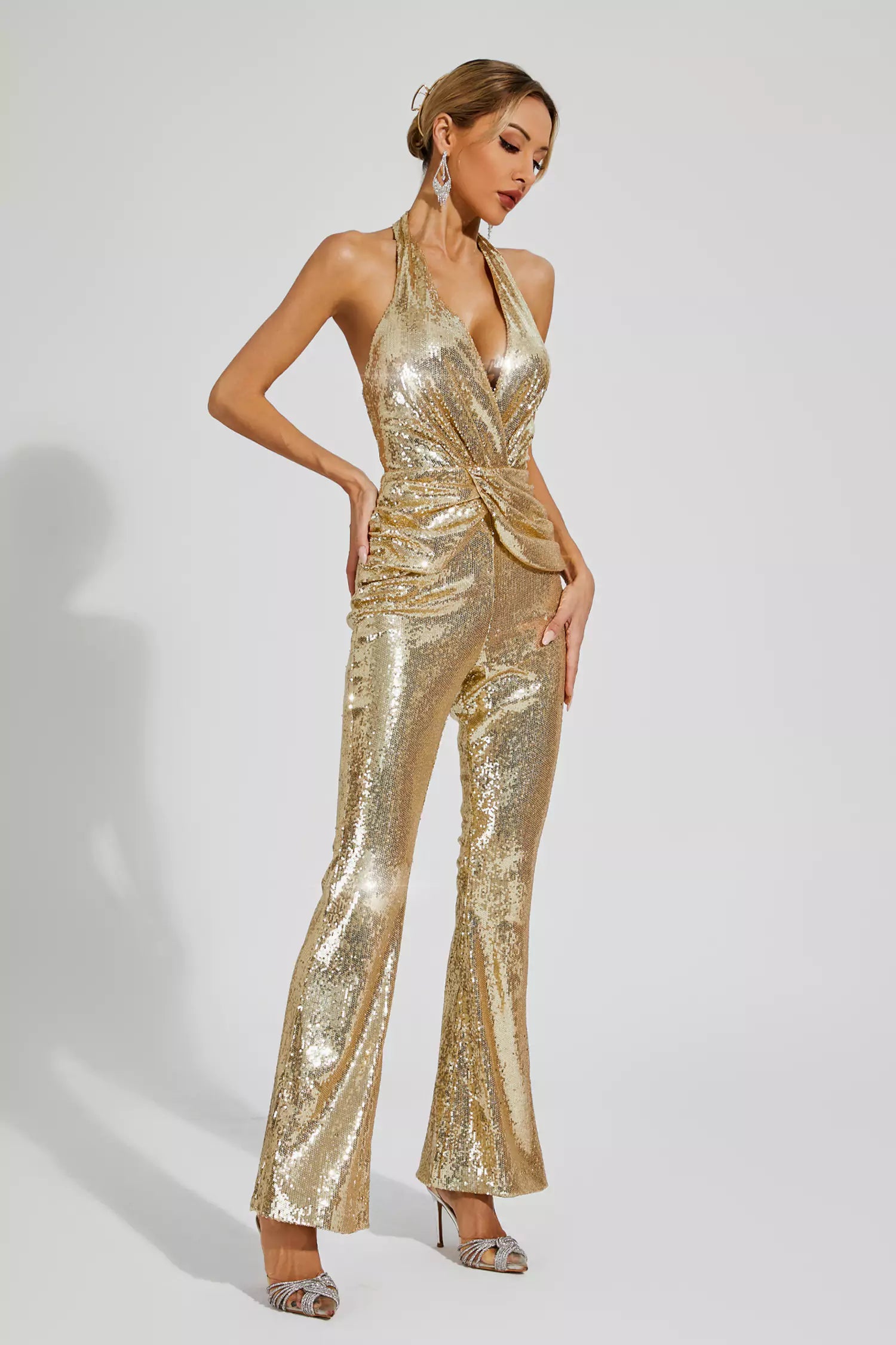Gaspard Sequins Halter Jumpsuit In Gold