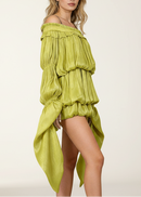 Cemach Off Shoulder Ruched Dress Set In Chartreuse