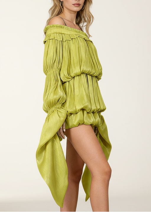 Cemach Off Shoulder Ruched Dress Set In Chartreuse