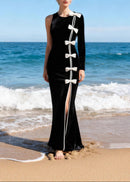 Fareeha One Sleeve Bow Detail Maxi Velvet Dress In Black White