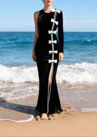 Fareeha One Sleeve Bow Detail Maxi Velvet Dress In Black White