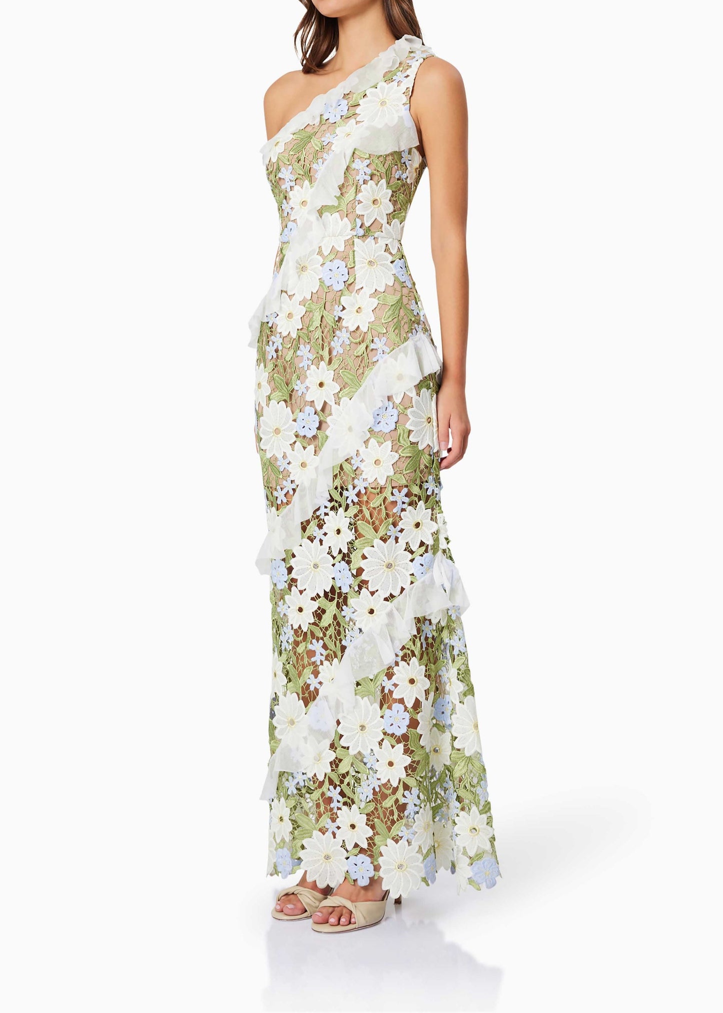 Phylo Floral One Shoulder Lace Maxi Dress In Green