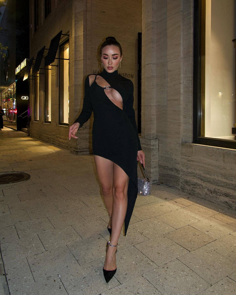 Zamir Crystal Buckle Cutout Asymmetrical Knit Dress